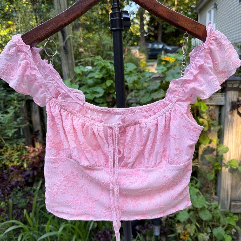 Pink Floral Burnout Velvet Mesh Crop Top Ruffle Milkmaid Coquette Small